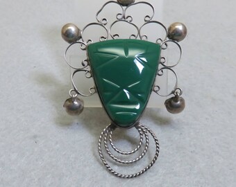 Vintage 1960s Mayan Face Brooch, Sterling Silver Carved Green Onyx Face Brooch