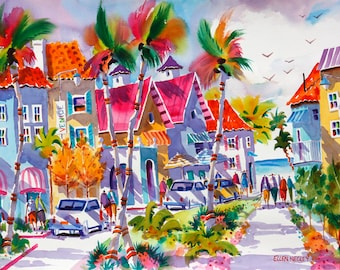 Venice Beach Florida, Tropical Watercolor Print, 5 x 7, 8 x 10, 11 x 14, Negley, Beach Art, Beach Painting, Tropical Watercolor Painting