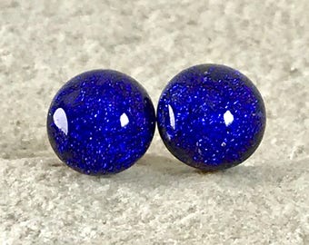 Dichroic Glass Earrings Sterling Silver Post Fittings with Silver Butterfly Backs Sparkling Iridescent Colours - Round 10mm -Gift Box