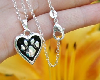 Pet Jewelry Sterling Silver .925 Pendant Necklace Paw Print Heart Charm Benefits Animal Rescue Dog Lover Love Cat Pets Pawprint Ladies Girls