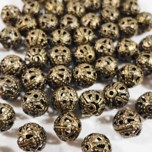 50pcs Bronze Metal Beads, 6mm Round Antique Brass Filigree Beads, Aluminum Beads, Lightweight Hollow Beads, Metal Spacer Beads, Loose Beads