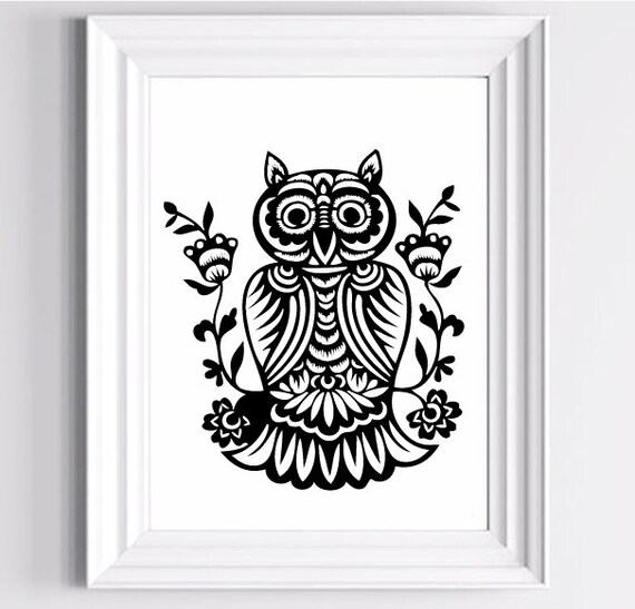 Owl Folk Art Art Print 16 x 20 or 20 x 30 in.