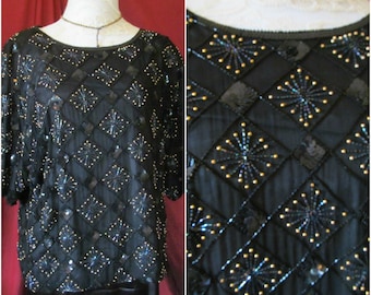 Glam Vintage '80s Oversized Sequin Beaded Black Silk Short Sleeved Blouse Shirt Sz M Medium L Large 10 12