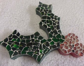 Beautiful Sea Glass Holly and Berries Ornament