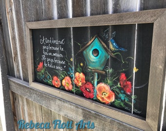 The blue bird house horizontal , hand painted, original art on window screen, Porch decor