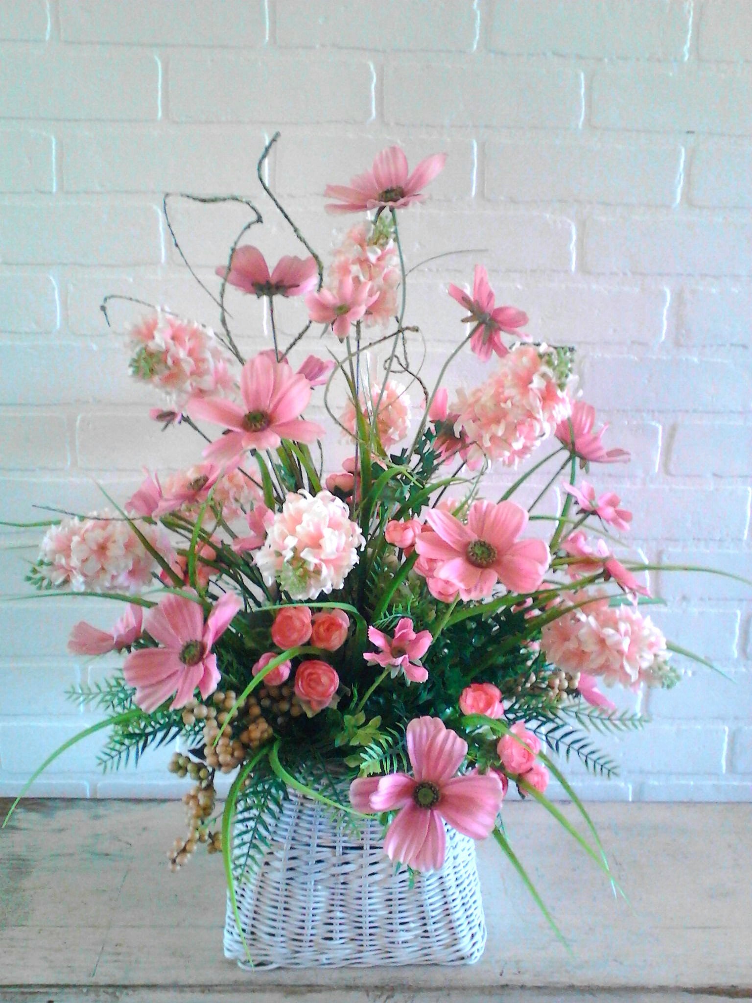 Pink Silk Flower arrangement table centerpiece basket flower