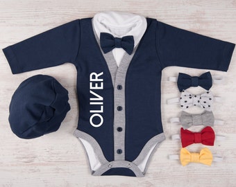 Take Home Outfit Boy, PERSONALIZED BABY BOY Outfit, Cardigan, Bodysuit, Hat & Bow Tie Set, Newborn Boy Coming Home Outfit, Photo Prop