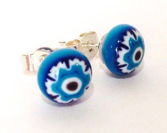 Murano Glass Millefiori Stud Earrings - Blue Snowflake on Sterling Silver Stud Post