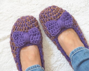 Extra thick, Simply slippers in Brown/Purple Color with Purple Bow, Adult Crochet Slippers , Women slippers, house shoes
