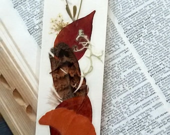 PRESSED FLOWER BOOKMARK - Botanical Collage, Fall Leaves, Wildflowers, Feather, Handmade Bookmark, Gift for Men, Teacher Appreciation