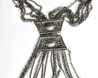 Vintage Etruscan Revival Multi Chain Tassel Necklace Silver Tone