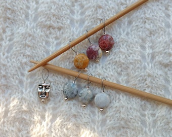 Knitting Stitch Markers - Sky Eye Jasper - snag free loops - 12mm round gemstones and silver - set of 7 - two loop sizes available