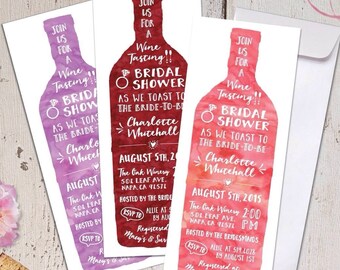 Wine Tasting Theme Bridal Shower Invitations - Modern Watercolor Bottle - Winery - Burgundy, Pink, Lavender - Printed Invites & Envelopes