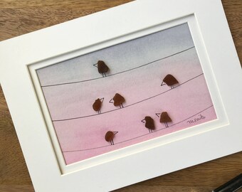 Sea Glass Birds on a Wire - Birds - telephone wires - watercolor - seaglass