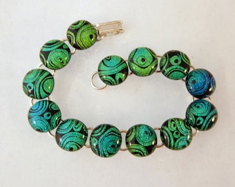 8 Inch Green Blue and Black Fused Glass Bracelet, Dichroic, Fused Glass, Fused Glass Bracelet, Glass Bracelet, Dichroic, Green