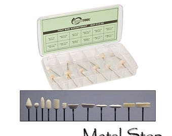 Felt Bob Assortment Set of 12 polishing bob bits for Precision Jewelry Polishing and Finishing. Includes a labeled organizer box.