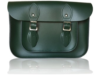 11" Classic British Leather Satchel 100% Real Leather - British Racing Green
