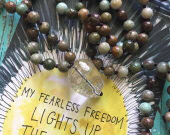 Green Australian Jade + Garden Quartz Crystal (Rutile) Mini Mala | 6 mm | Spiritual Junkies | 108 Bead Handknotted | Yoga + Meditation