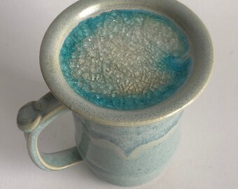 Lidded Handmade Green Stoneware Ceramic Mug, Ceramic Clear Glass Coaster and Lid