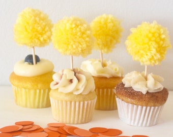 12 (1 Dozen) Sunshine Yellow Pom Pom Cupcake Topper Party Decorations for Spring and Summer