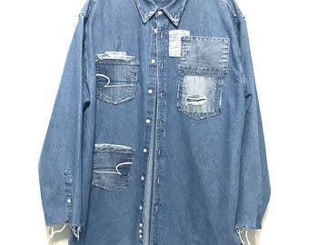 Stylish Distressed, oxford, denim shirt (XTRA LARGE)