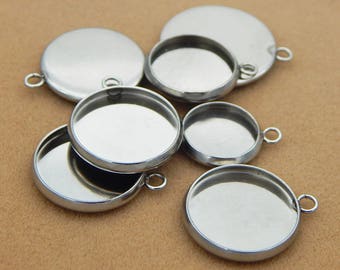 Stainless Steel Silver Tone Round Pendant Tray with Loop Cabochon Setting Blank Bezel Pendant Base 6 8 10 12 14 16 18 20 22 mm