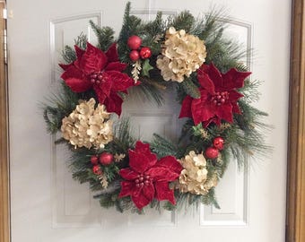 poinsettia Christmas wreath, hydrangea wreaths, rustic Christmas wreaths, winter wreaths, Christmas door wreaths, evergreen wreaths,