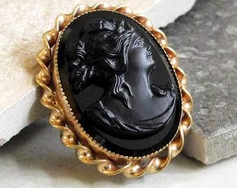 Black Glass Cameo Brooch - Vintage Cameo Brooch - Black Cameo Brooch - Black and Gold Cameo Pin - Mourning Jewelry - Roca Fine and Dandy