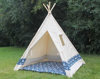 Color Block Canvas Teepee with Window, Kids Play Tent Playhouse, Choose Navy or Red Arrows or Solid Color Stripe, Can Include Mat
