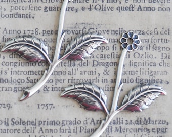 TWO daisy leaf spray brass stampings, Sterling Silver Finish, Jewelry Making and Crafting Supplies