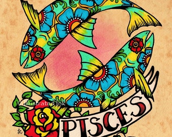 PISCES Zodiac Print Tattoo Art Fish Astrology Sign 5 x 7, 8 x 10 or 11 x 14