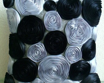 Black Roses - Throw Pillow Covers - 20x20 Inches Silk Pillow Cover with Satin Ribbon Embroidery