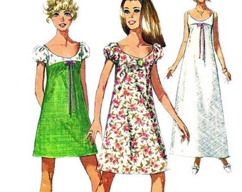 Simplicity 7640 1960s Misses Mod Evening Dress Pattern 3 Lengths Low Neckline Womens Vintage Sewing Pattern Size 12 Bust 34