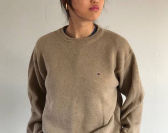 90s Tommy Hilfiger oversized sweater / cotton sweater / camel sweater / slouchy sweater | xl