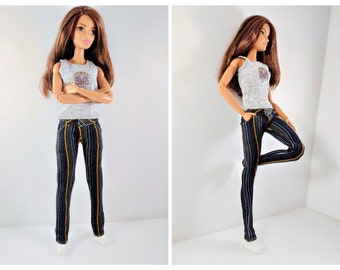 Barbie clothes Barbie Jeans Denim pants for Barbie doll (M2M, Belly Button, regular Fashionista) Slim jeans and gray Barbie shirt