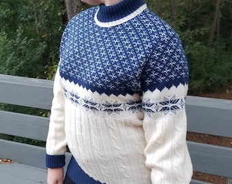 1980s sweater//Jantzen blue and cream Sweater//vintage 80s sweater