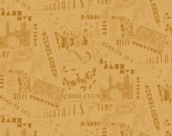 Great Gatsby Type Fabric - Jazz Terms / Scenes - Roaring 20's - by Henley Studio for Makower UK TP 1168 Y - 1/2 yard