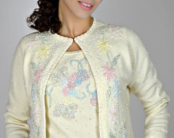 Spring Cardigan, Sweater Set White, Sweater Set, Floral Sweater 1950s, Beaded Cardigan Sweaters, St Micheal Cardigan, 1950s Sweater Set,