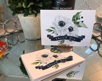 Beautiful White and Navy Floral Thank You Cards, Set of 10