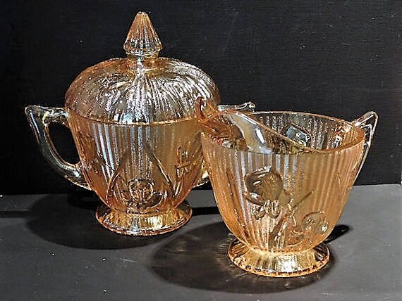 Iris and Herringbone Sugar Creamer Set / Mid Century Iridescent Iris and Herringbone