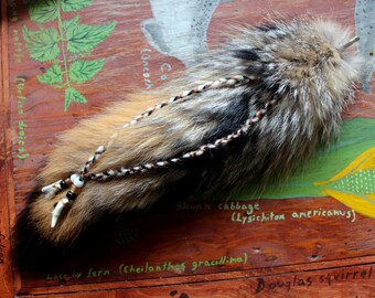 Real gray fox fur tail hair charm clip with glass beads, yarn and coyote teeth for costuming, ritual, dance and more