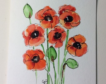 Orange Poppies Watercolor Card / Hand Painted Watercolor Card