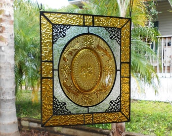Stained Glass Panel w/ Tiara Sandwich Glass Plate, Recycled Stained Glass Transom Window with Dish, Antique Glass Valance, Amber Suncatcher