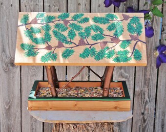 Persnickety Handmade Bird Feeder, Forest Green Pine Branches & Cones Feeder, Reclaimed Pine Wood and Natural Tree Branches, Wild Bird feeder
