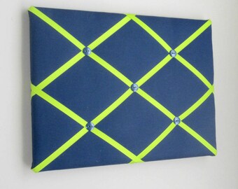 11"x14" French Memory Board, Bow Holder, Bow Board, Vision Boad, Photograph Holder, Organizer,Navy Blue and Lime Green, Boys Memory Board