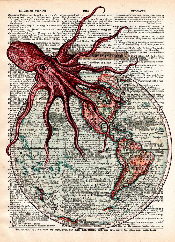 Octopus Art World Map Victorian Steampunk Lovecraft