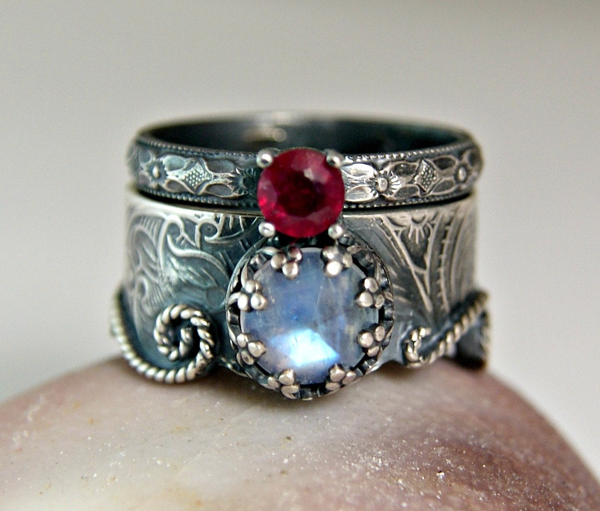 Moonstone Mermaid Ring Sterling Silver Ruby Wedding Set