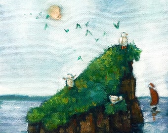 Original oil painting, small oil painting, small landscape, small oil landscape, small canvas art, painttings of ocean, birds, islands