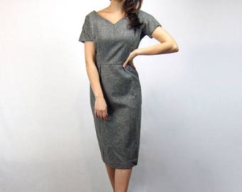 60s Wool Wiggle Dress Grey Fitted Office Dress Vintage Gray Bombshell Dress - Large L