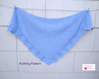 Shawl with Lace Edge PDF Knitting Pattern, Worsted Yarn, Garter or Stockinette, Feather & Fan Lace